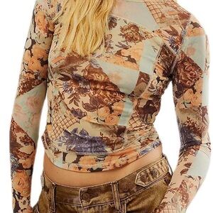 Patchwork Floral Mesh Long Sleeve Top multiple sizes